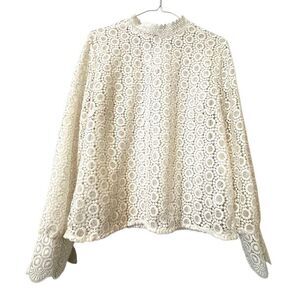 H&M Crochet Guipure Lace High Neck Keyhole Back Long Sleeve Blouse White Size 12